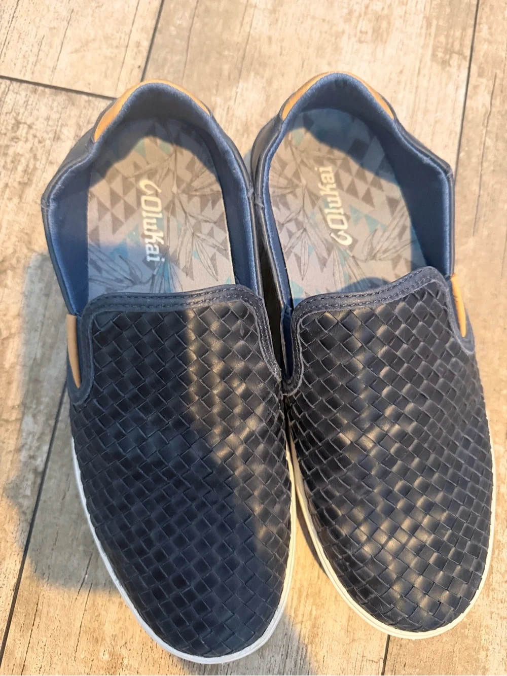 OluKai Men's Navy Woven Slip-On Loafers with Tan Accent